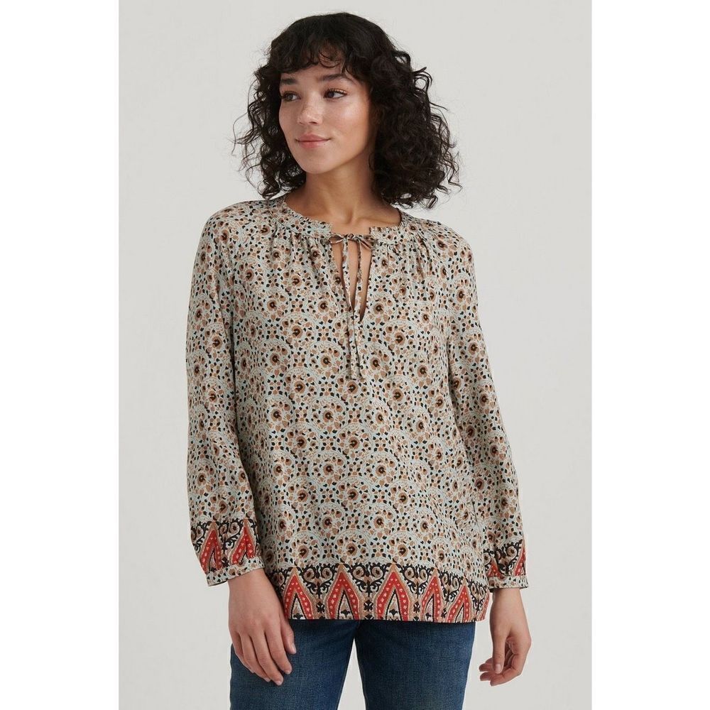 Lucky Brand Emi Border Print Peasant blouse size M